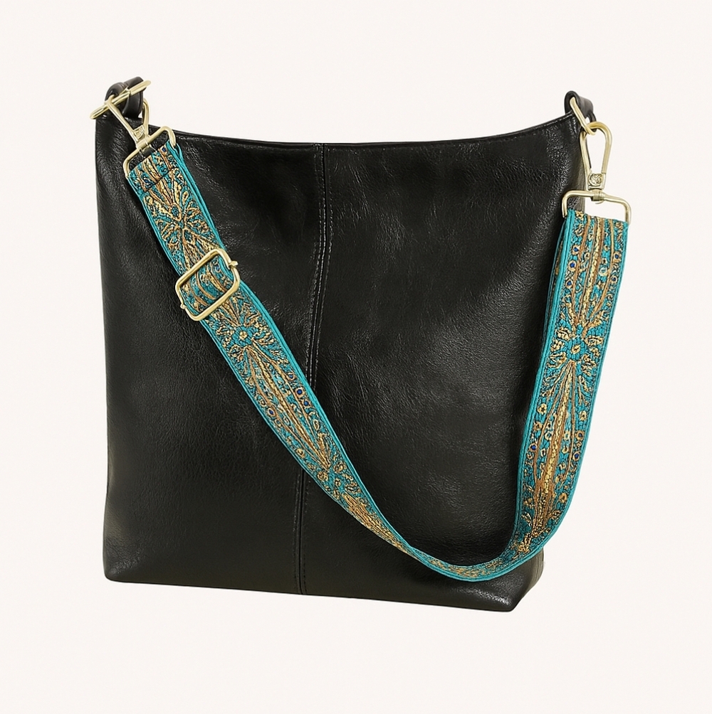 Unisex Black Pu Leather Tote Bag With Patterned Boho Strap